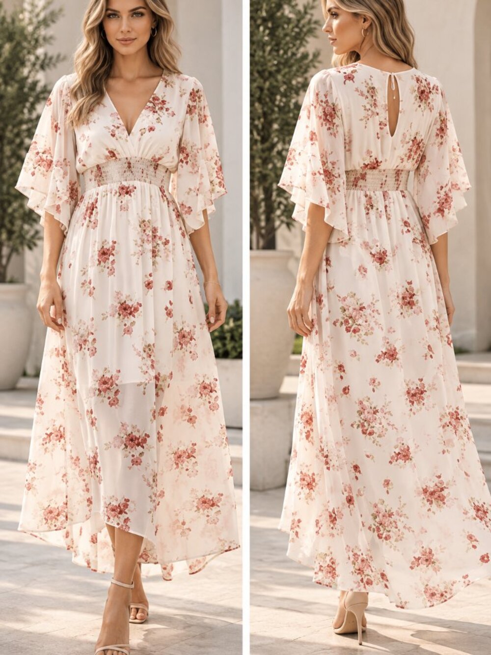 CUPSHE Antigua Floral Smocked Maxi Dress Flare Sleeve V Neck Size S NWT